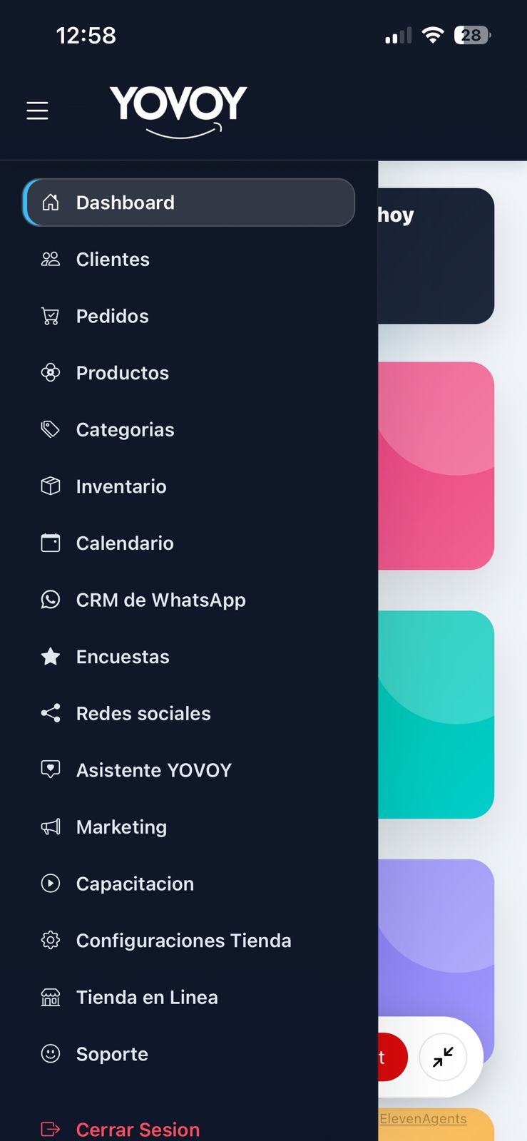 Menu movil de YOVOY CRM